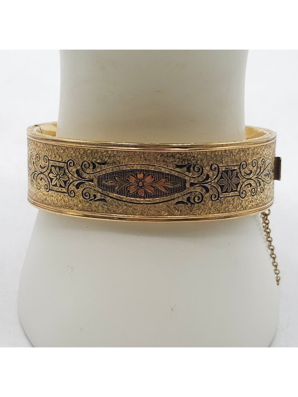 Winard 12K Gold Filled Enamel Floral Hinged Bangle Bracelet Victorian